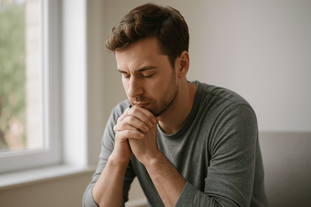 A young man sits by a large window in soft morning light, eyes closed and hands clasped near his face in quiet reflection, with a neutral-toned background and minimalist interior.