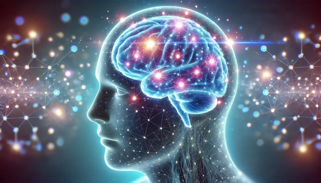 A glowing human brain with neural connections illuminated, symbolizing cognitive enhancement.