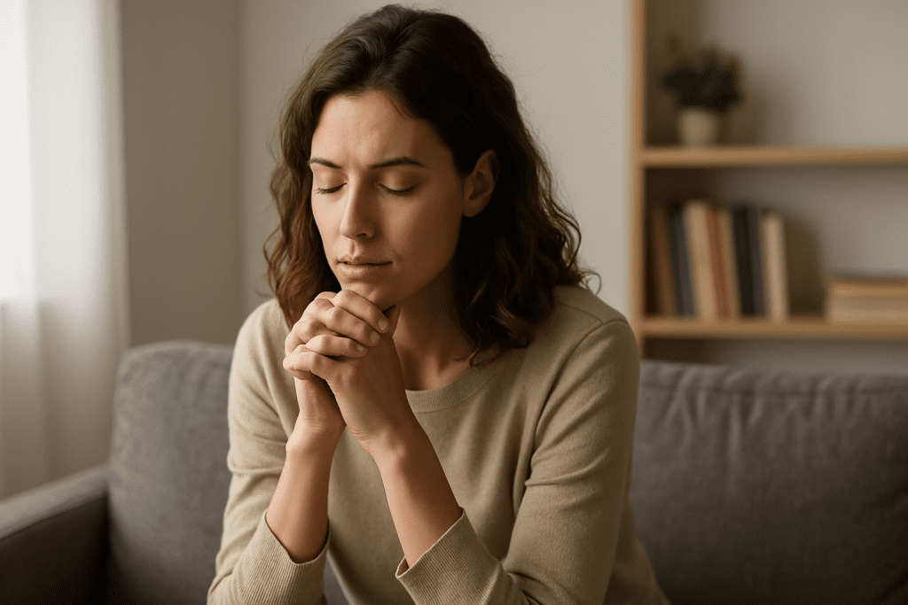 A young woman with chestnut-brown hair sits quietly on a gray sofa, eyes closed and hands gently clasped beneath her chin, in a softly lit, minimal living room with a blurred bookshelf and plant in the background.