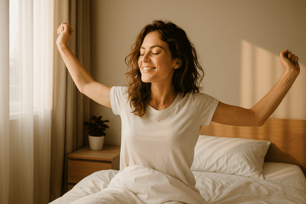 A young woman stretches joyfully in bed, bathed in soft morning sunlight with a potted plant beside her, capturing a peaceful start to the day.