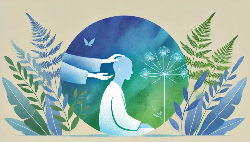 A person receiving a gentle head massage in a soothing environment with calming blue and green hues, symbolizing relaxation and effective anxiety relief.