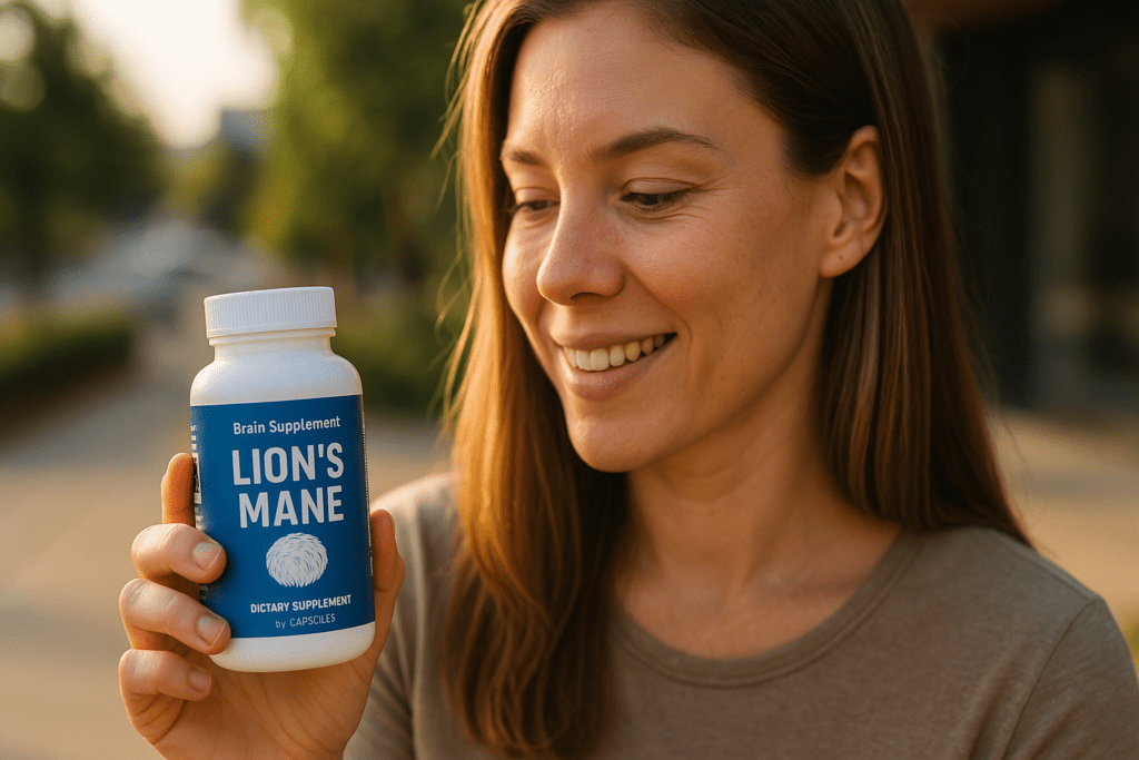 A young woman with long brown hair smiles as she holds up a bottle labeled “Lion’s Mane” brain supplement in a suburban outdoor setting during golden hour. The soft natural morning light enhances the realism and highlights her interest in Lion’s Mane reviews and brain supplement benefits.