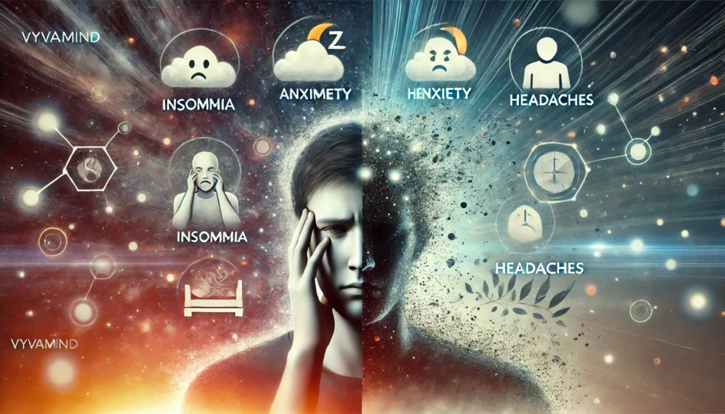 "Illustration of Vyvamind side effects and benefits, depicting a person split between stress-related symptoms and enhanced cognitive function."