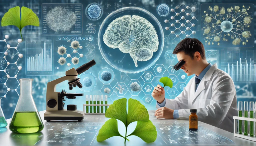 A medical research laboratory with scientists examining Ginkgo biloba leaves under a microscope, surrounded by digital brain scans and molecular structures illustrating neuroprotection and seizure management research.