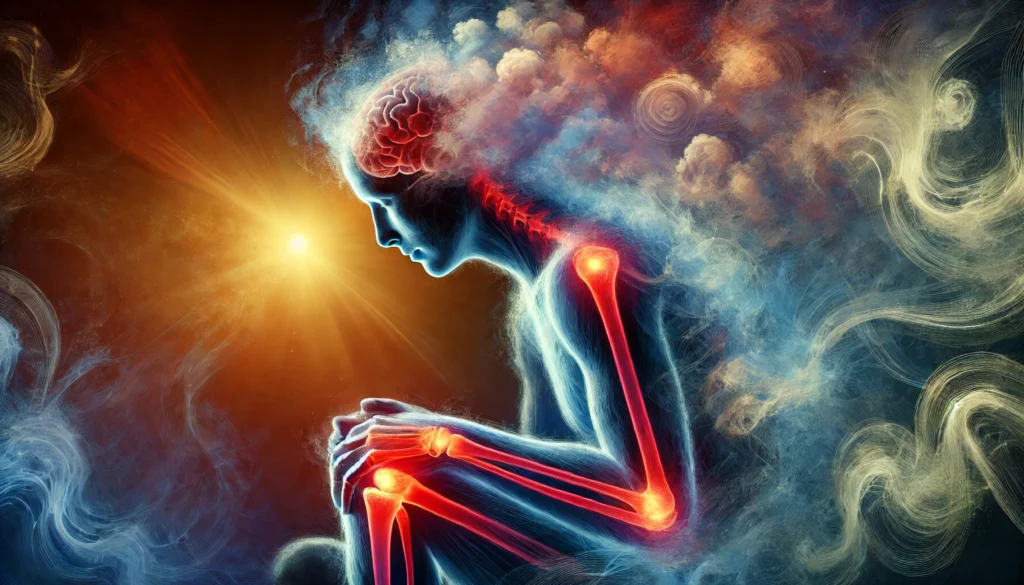 An abstract artistic representation of a figure dissolving into mist, with glowing red lines marking pain points in the knees, wrists, and shoulders. A swirling haze around the head illustrates cognitive fog, while a distant light represents solutions and recovery. The colors shift from deep blues and purples to soft golden hues.