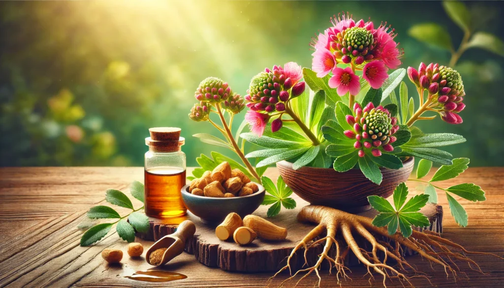 A vibrant close-up of Rhodiola Rosea roots and flowers covered in dewdrops, symbolizing their adaptogenic benefits for ADHD, focus, and stress reduction.