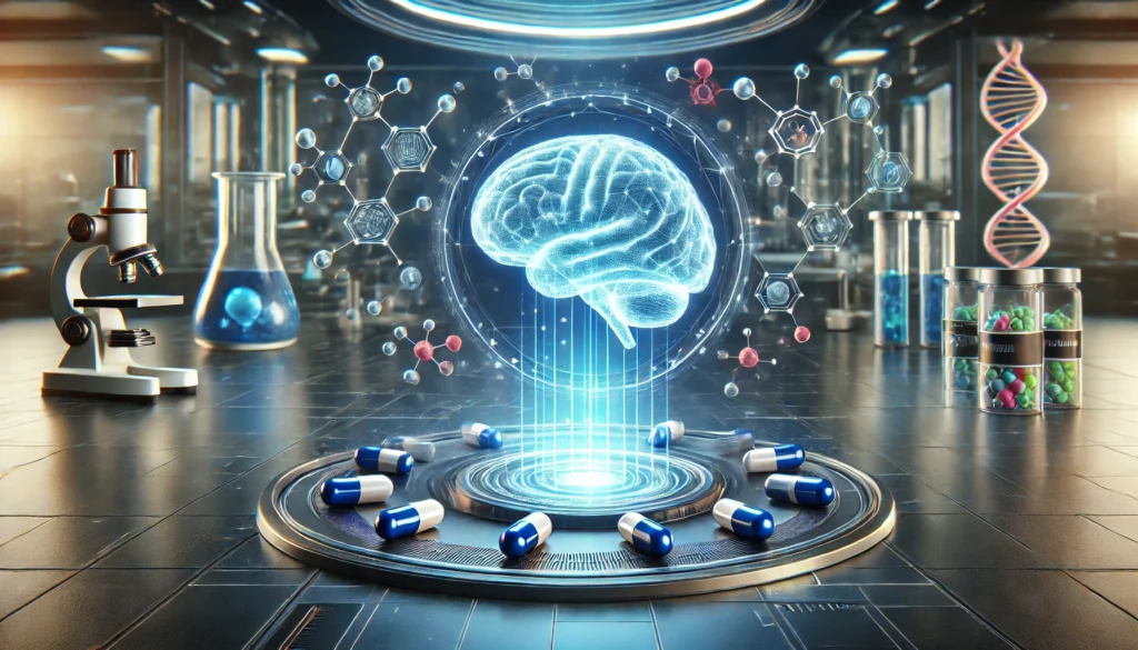 A futuristic laboratory setting with a glowing blue brain hologram surrounded by supplement capsules, symbolizing cognitive enhancement. The sleek, high-tech environment features scientific equipment and molecular structures in the background.