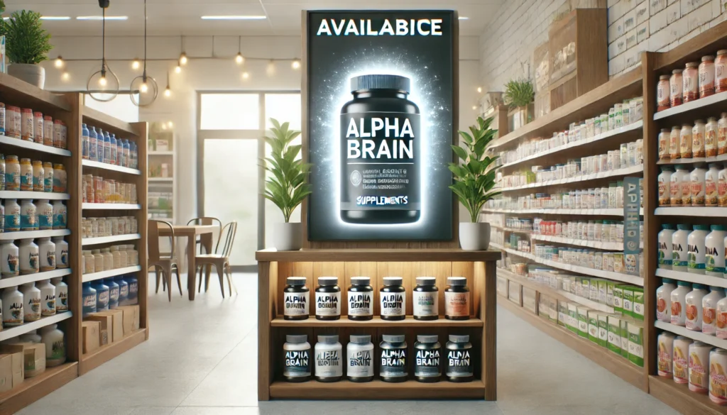 A well-stocked health and wellness store shelf displaying Alpha Brain supplements among other brain-boosting products. The clean and inviting store atmosphere highlights the availability of Alpha Brain in physical retail locations.