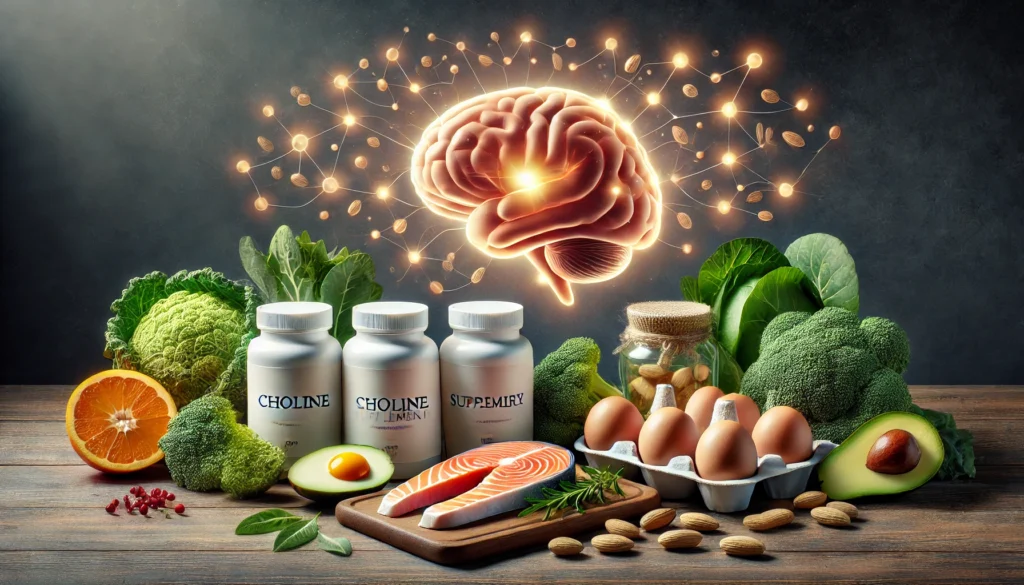A visually appealing composition of choline supplements, featuring natural food sources like eggs, salmon, and leafy greens alongside supplement bottles. A glowing brain illustration in the background symbolizes cognitive enhancement.