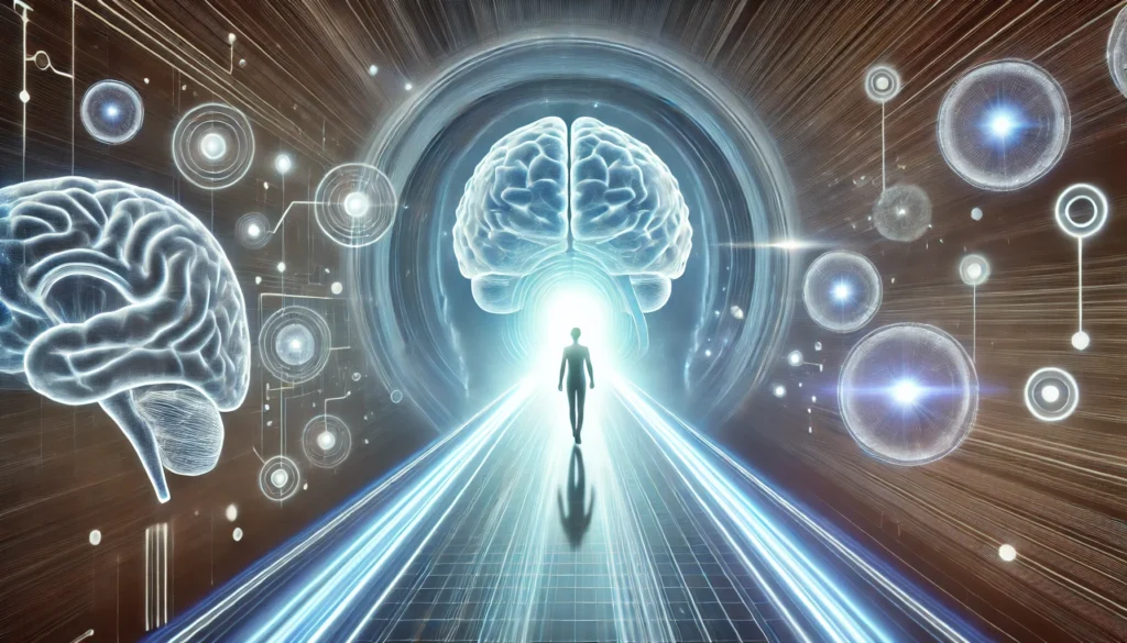 A futuristic depiction of a person walking into a bright, glowing tunnel representing mental clarity and focus after overcoming brain fog. The tunnel is filled with soft blue and white light, symbolizing a journey towards improved cognitive health.