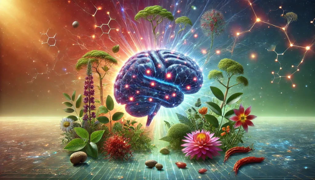 A glowing human brain with intricate neural connections, surrounded by natural elements like Rhodiola rosea, Ashwagandha, and Panax ginseng, symbolizing the cognitive and stress-relief benefits of adaptogen nootropics.