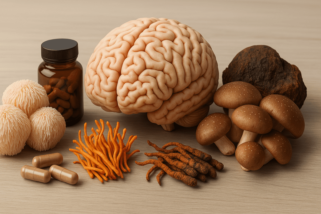 3D-rendered human brain surrounded by lion’s mane, cordyceps, shiitake, and chaga mushrooms with mushroom capsules on a wooden surface, symbolizing natural cognitive and brain health support."