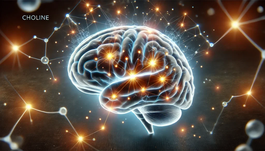 A 3D-rendered illustration of a human brain with glowing neural connections, symbolizing the effects of choline on mental health. The brain is illuminated with blue and orange hues against a dark, futuristic background.