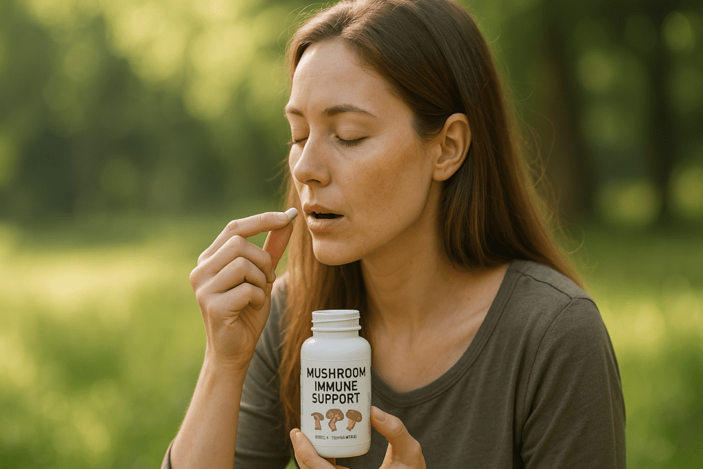 A young woman with fair skin and light brown hair sits outdoors in soft morning sunlight, taking a mushroom immune supplement surrounded by natural greenery. The scene evokes calm and wellness, reflecting how mushroom immune support supplements may enhance the body’s natural defenses in a tranquil, natural setting.