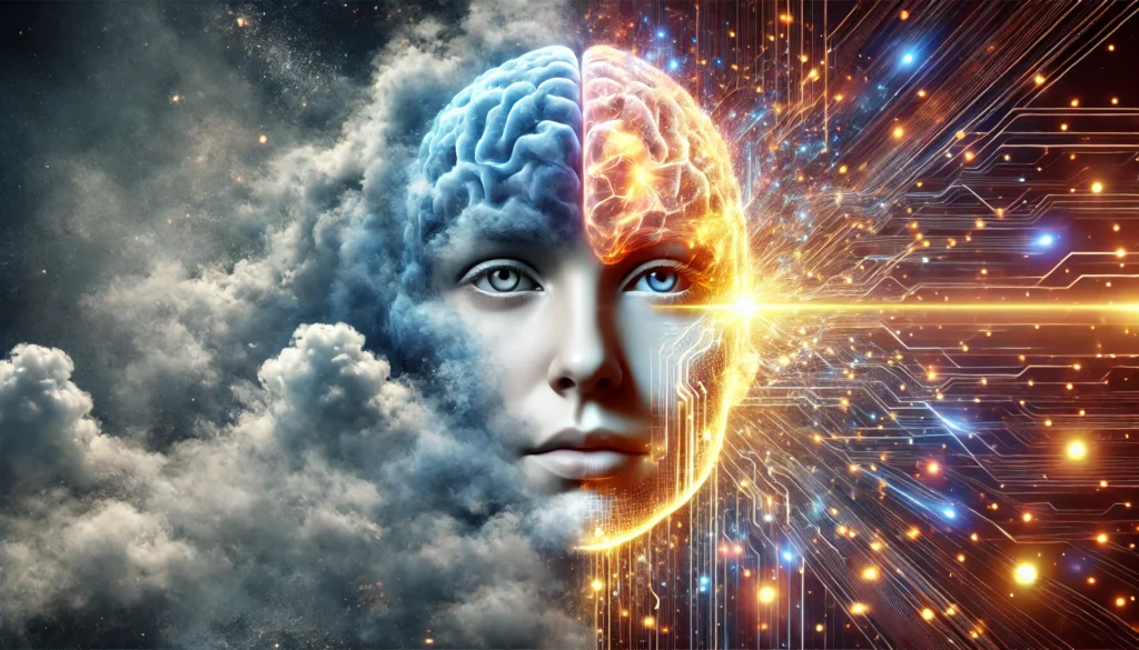 A futuristic digital artwork showing a person’s face dissolving into abstract clouds of mist on one side while the other transforms into a glowing neural grid, with a split background of fog and radiant hues representing intellectual brightness.
