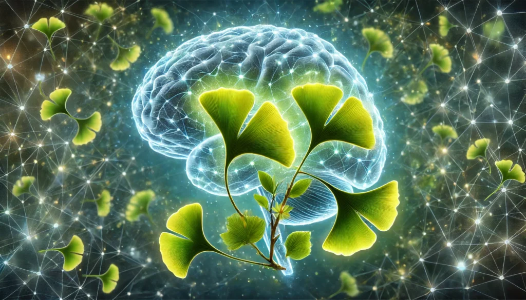 A detailed digital painting of Ginkgo Biloba leaves infused with glowing neural connections, symbolizing enhanced dopamine activity in the brain. A soft, bio-luminescent green glow enhances the cognitive benefits theme.