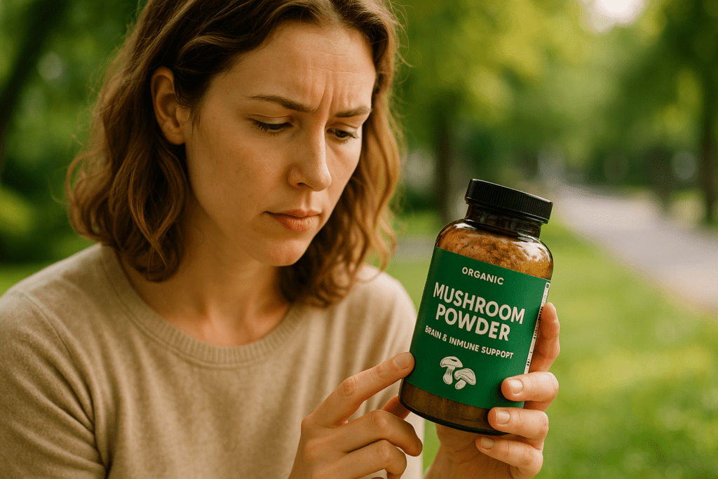 A young Caucasian woman examines a bottle of organic mushroom powder supplement outdoors in soft morning light. The natural setting and her focused gaze highlight the importance of choosing quality mushroom supplements for brain and immune support.