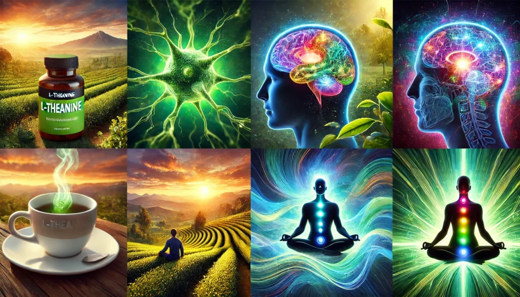 A glowing neuron releasing dopamine, surrounded by a calming green aura, symbolizing the effects of L-Theanine on brain function, focus, and mood enhancement.