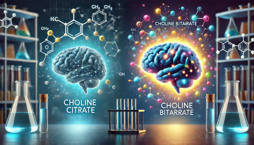 A side-by-side comparison of Choline Citrate and Choline Bitartrate in a futuristic laboratory. The left side displays Choline Citrate with a glowing brain full of neural activity, while the right side represents Choline Bitartrate with a slightly dimmer brain. Molecular structures and scientific elements highlight cognitive function.
