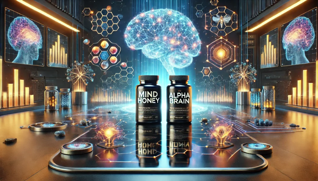 A futuristic laboratory setting displaying two supplement bottles, Mindhoney and Alpha Brain, on a sleek table, surrounded by glowing neural pathways and abstract cognitive enhancement visuals.