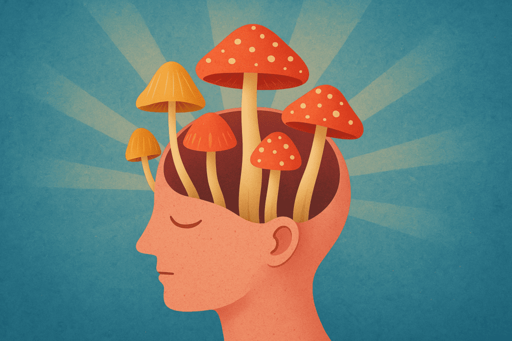 Digital illustration of a serene human head silhouette with vibrant psychedelic mushrooms growing from the cranium, set against a calming blue background, symbolizing the mental effects of magic mushrooms.