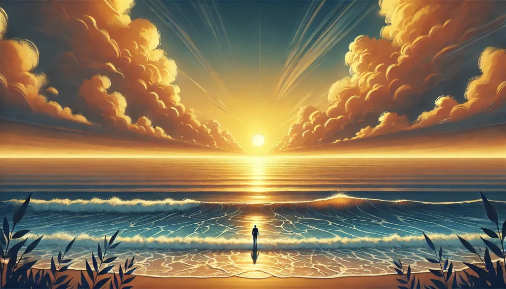 A breathtaking ocean sunset with gentle waves, warm glowing hues, and a calming atmosphere, representing stress relief and dopamine balance.