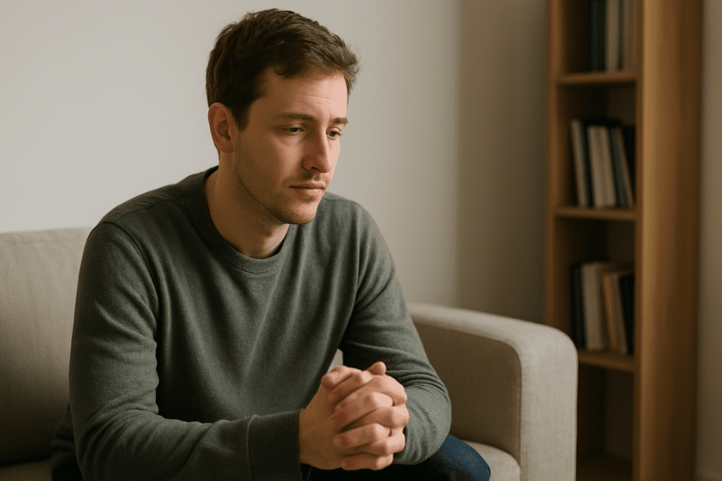 A young man sits quietly on a beige couch with his hands clasped, appearing deep in thought. Soft morning light filters in, highlighting his green sweater and the simple, calming decor of the room.