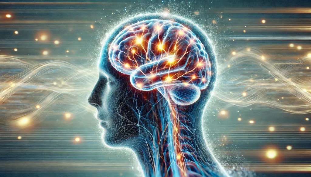 A medical illustration of the human brain with glowing neural pathways, symbolizing dizziness, balance issues, and neurological factors contributing to head sensations.