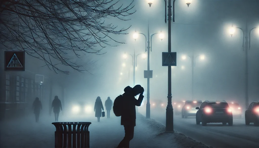 A winter cityscape covered in dense fog. Streetlights cast a faint glow through the mist as people walk through the streets. A figure in the foreground clutches their head, visually representing the mental strain induced by freezing fog.