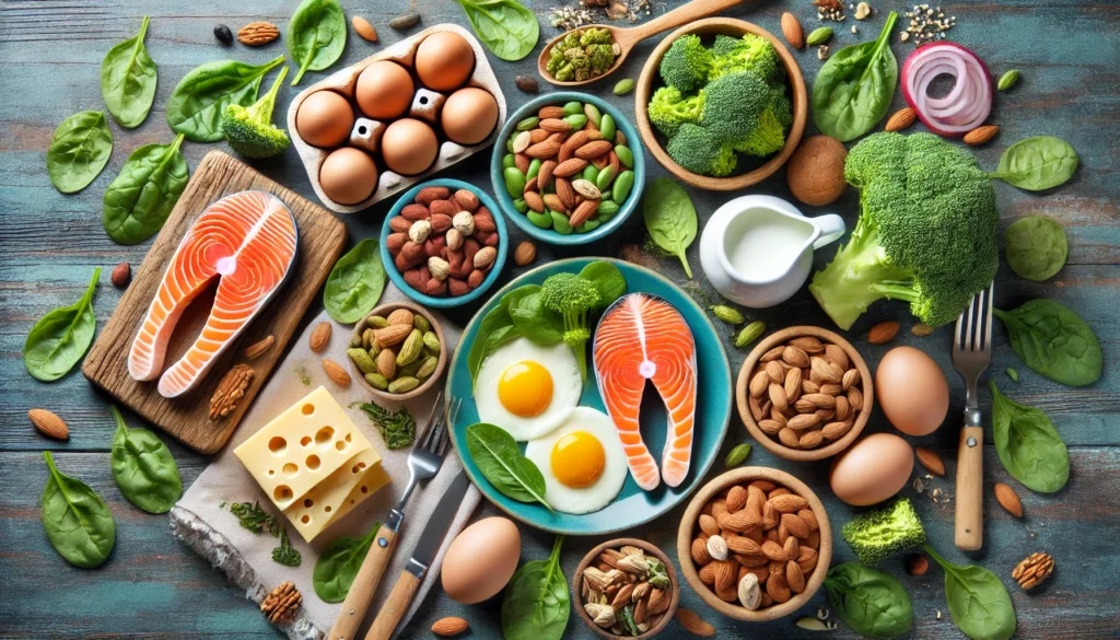 A vibrant top-down view of foods rich in choline, such as eggs, salmon, nuts, broccoli, and spinach.