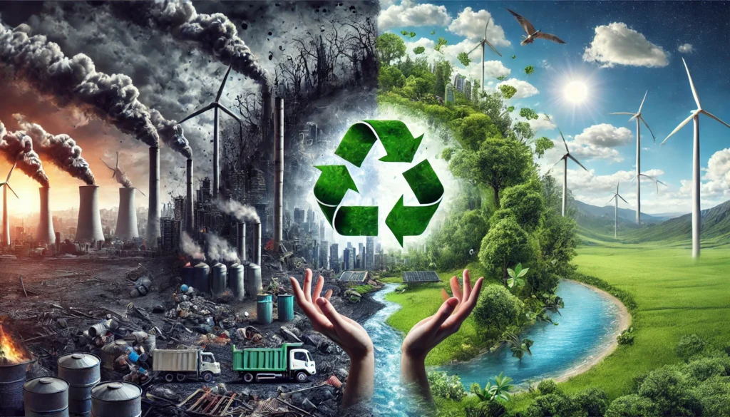 A powerful conceptual split-image showing the transition from pollution to sustainability, with hands symbolizing human intervention.