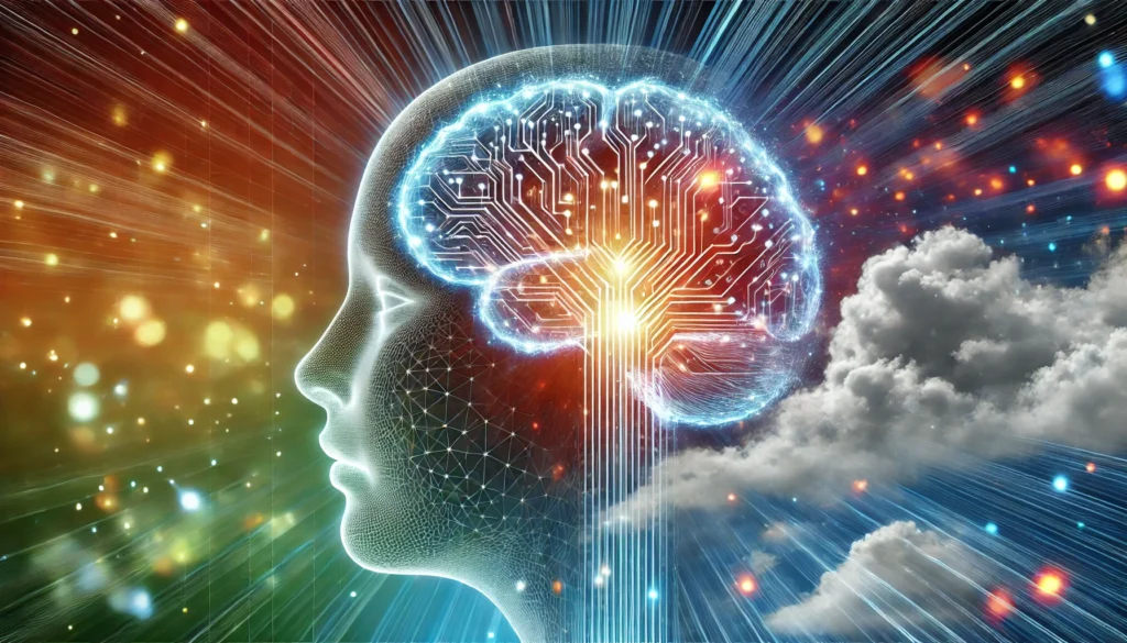 A futuristic digital illustration depicting brain fog and cognitive recovery. A semi-transparent human head with glowing neural pathways transitions from a foggy, cloudy state to a bright, sharp visualization. The vibrant background symbolizes mental clarity and improved cognitive function.