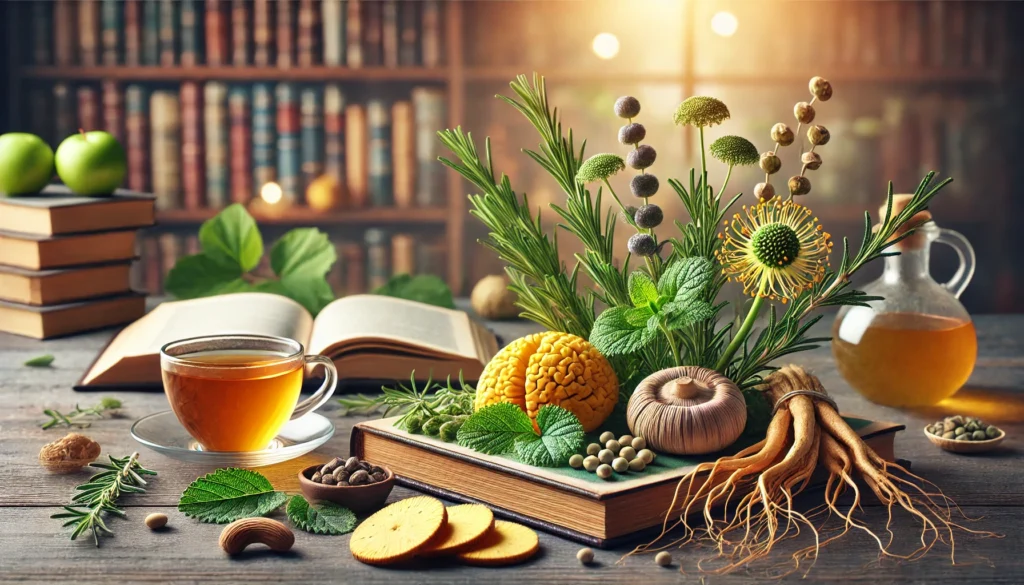 A vibrant collection of brain-boosting herbs including rosemary, ginkgo biloba leaves, and ginseng roots, arranged on a wooden table with an open book and a cup of herbal tea in a softly lit study setting.