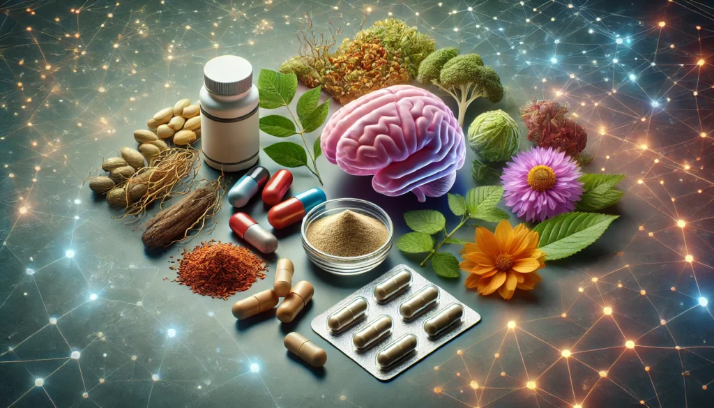 A visually appealing arrangement of nootropic supplements, including natural ingredients like ginseng, bacopa monnieri, and rhodiola rosea, alongside modern capsules and powders. The background features a futuristic neural network effect symbolizing enhanced cognitive function.