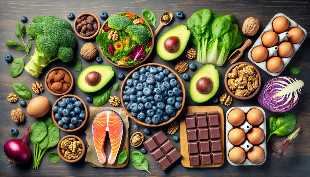A top-down view of a wooden table displaying an assortment of brain-boosting foods, including blueberries, walnuts, salmon, avocados, dark chocolate, eggs, and leafy greens, artistically arranged to highlight their vibrant colors and natural textures.