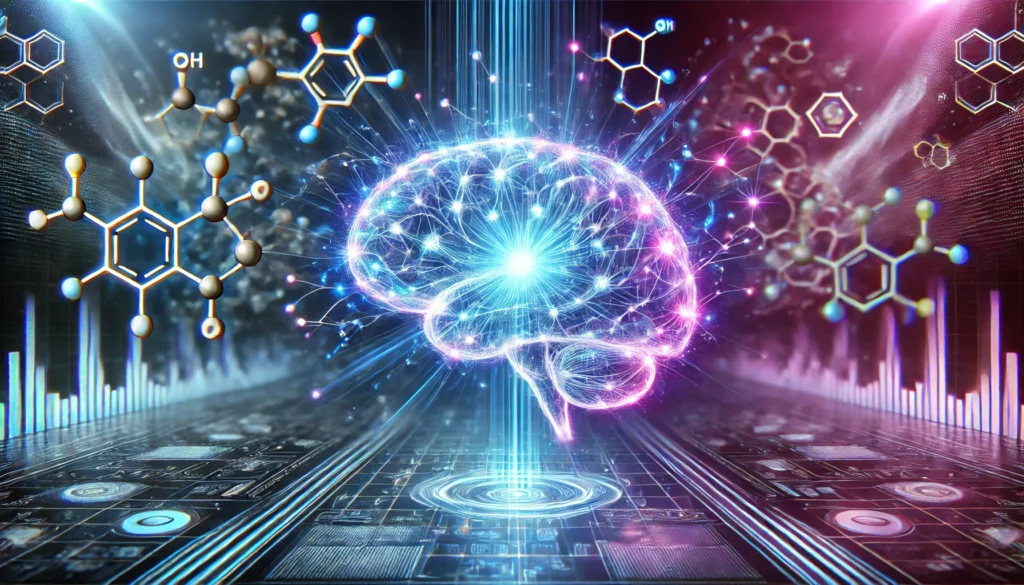 A futuristic digital illustration of a glowing neural network interconnected with biochemical structures, symbolizing cognitive enhancement through nootropic ingredients.