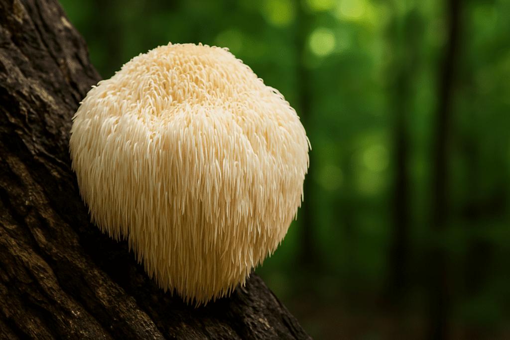 Close-up image of a mature Lion’s Mane mushroom with creamy white spines growing on dark wood in a lush green forest, symbolizing natural brain health and cognitive regeneration.