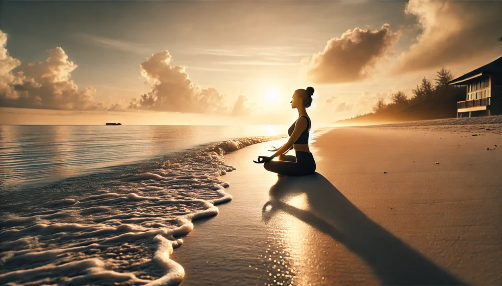 A person practicing yoga on a beach at sunrise, with gentle waves and an open horizon in the background, promoting mindfulness, relaxation, and mental clarity.
