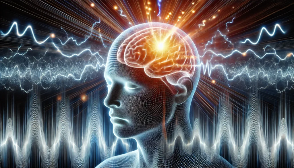 A surreal representation of a human head with pulsating energy waves emanating from the brain, symbolizing head flutters, vibrating sensations, and brain static with a glowing neural network in the background.