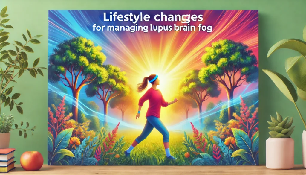 A hopeful image of a person outdoors in nature, engaging in light exercise such as walking, surrounded by warm sunlight and greenery, symbolizing lifestyle changes that support brain health and mental clarity in lupus management.
