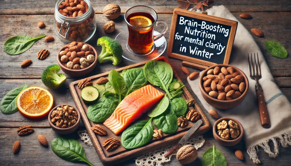 A nutrient-dense winter meal featuring salmon, leafy greens, nuts, and a warm herbal tea on a rustic wooden table, highlighting the importance of brain-boosting nutrition for mental clarity in winter.