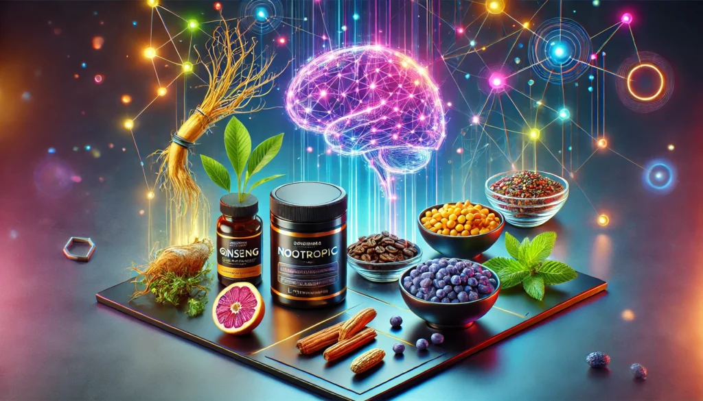 A futuristic composition featuring nootropic ingredients like ginseng, caffeine, and L-theanine, set against a glowing neural network background, symbolizing cognitive enhancement.