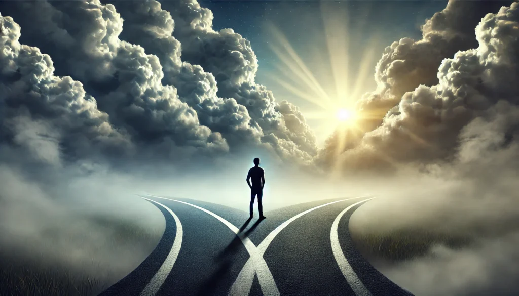 A symbolic representation of a person at a crossroads, with one path covered in dense fog and the other leading to a sunlit horizon, reflecting the struggle between anxiety-induced brain fog and mental clarity.
