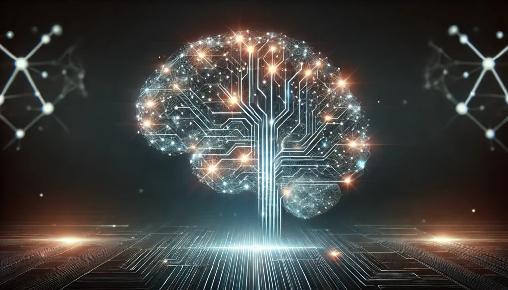 A futuristic, glowing representation of a human brain with illuminated neural connections, symbolizing enhanced cognitive function and mental clarity. The dark background features subtle glowing lines, creating a high-tech, scientific aesthetic.