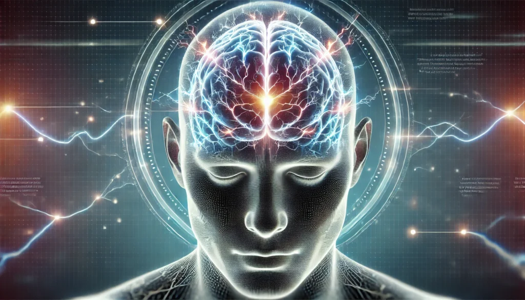 A futuristic medical visualization of the human brain and nervous system, with a glowing aura around the forehead, highlighting neural impulses and the concept of numbness and tingling sensations.