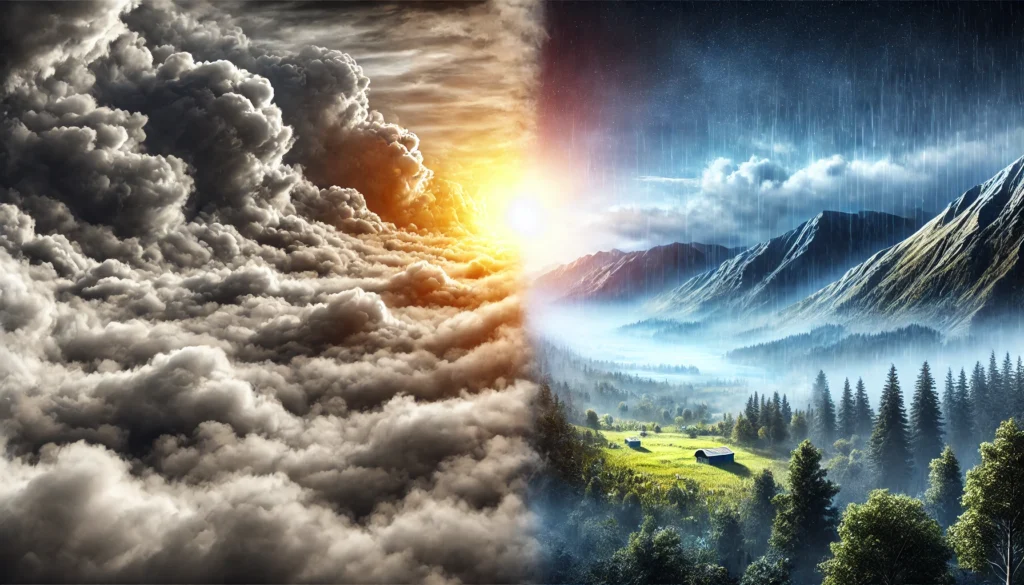 A split-view contrast of advection fog on one side and a bright, clear landscape on the other, visually representing the shift from brain fog to sharp mental clarity.