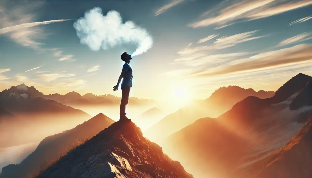 A peaceful lifestyle scene showing a person performing deep breathing exercises outdoors on a mountain peak, inhaling fresh air with a calm expression, representing improved lung function, mental clarity, and overall well-being.