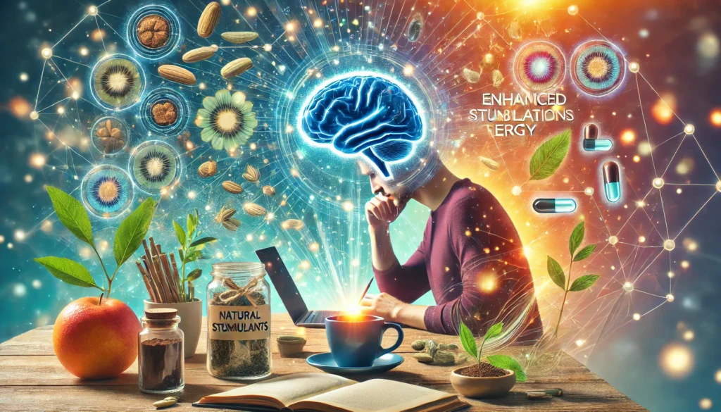 A vibrant, energetic workspace featuring a person deeply focused on work, surrounded by natural stimulants like coffee, tea, and herbal supplements. A glowing brain hologram and dynamic aura symbolize enhanced concentration and energy.