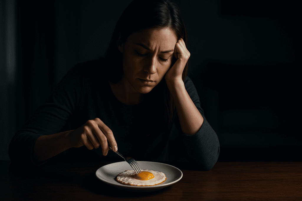 A young woman in a dark room sits with a solemn expression, staring at a sunny-side-up egg on a plate under moody, dramatic lighting. The stark shadows and introspective mood reflect the link between eggs, natural energy, and the body's morning wakefulness response.