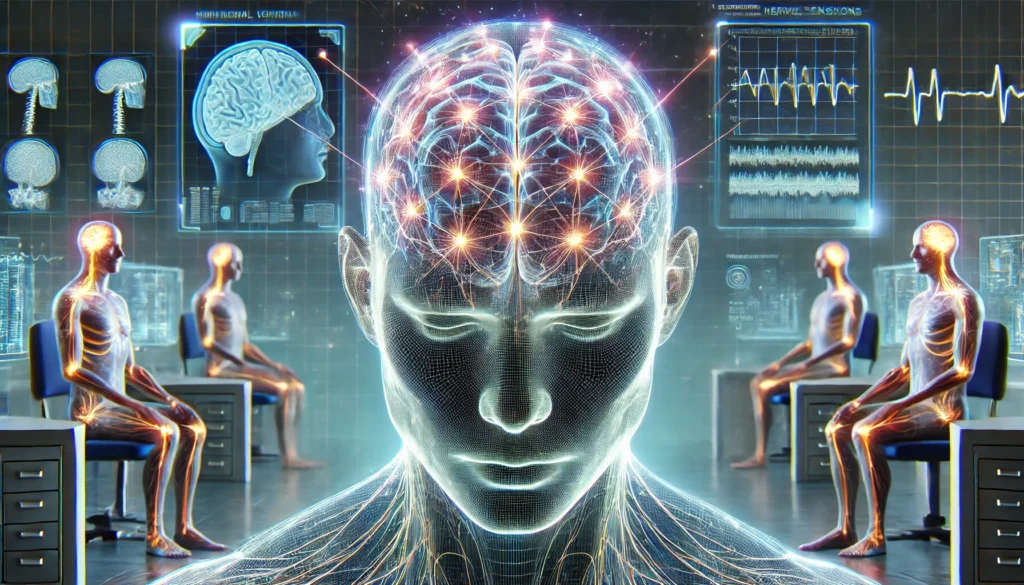 A futuristic medical visualization of head tingling, presenting a transparent human head with a glowing neural grid and illuminated nerve endings, set in a high-tech lab with holographic brain scan projections.